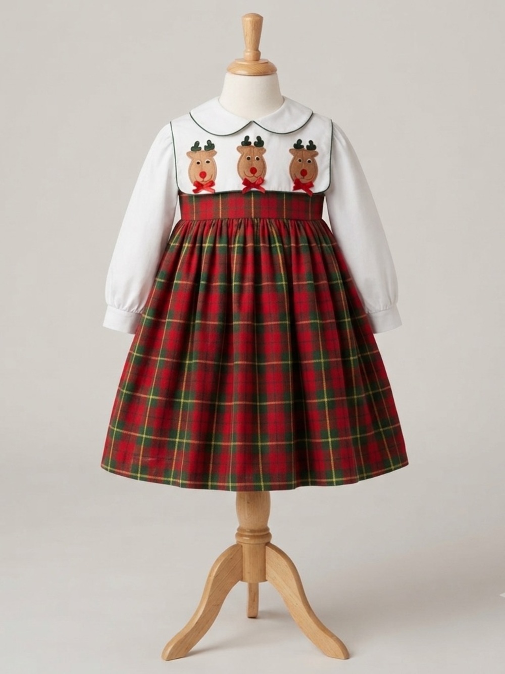 Festive Reindeer Plaid Girls Dress
